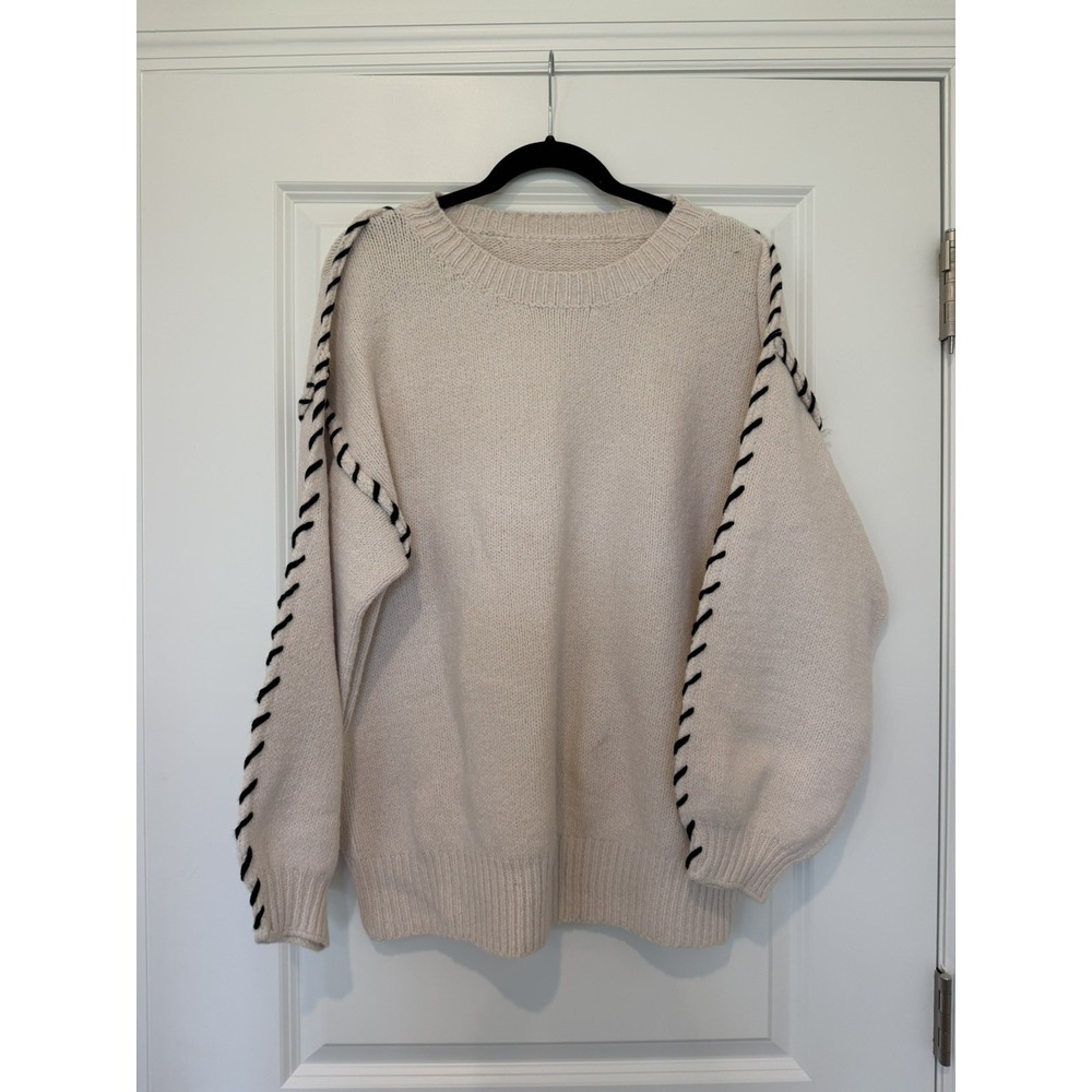 PrettyGarden Women's Oversized Knit Sweater With Black Stitching- Tan- Small